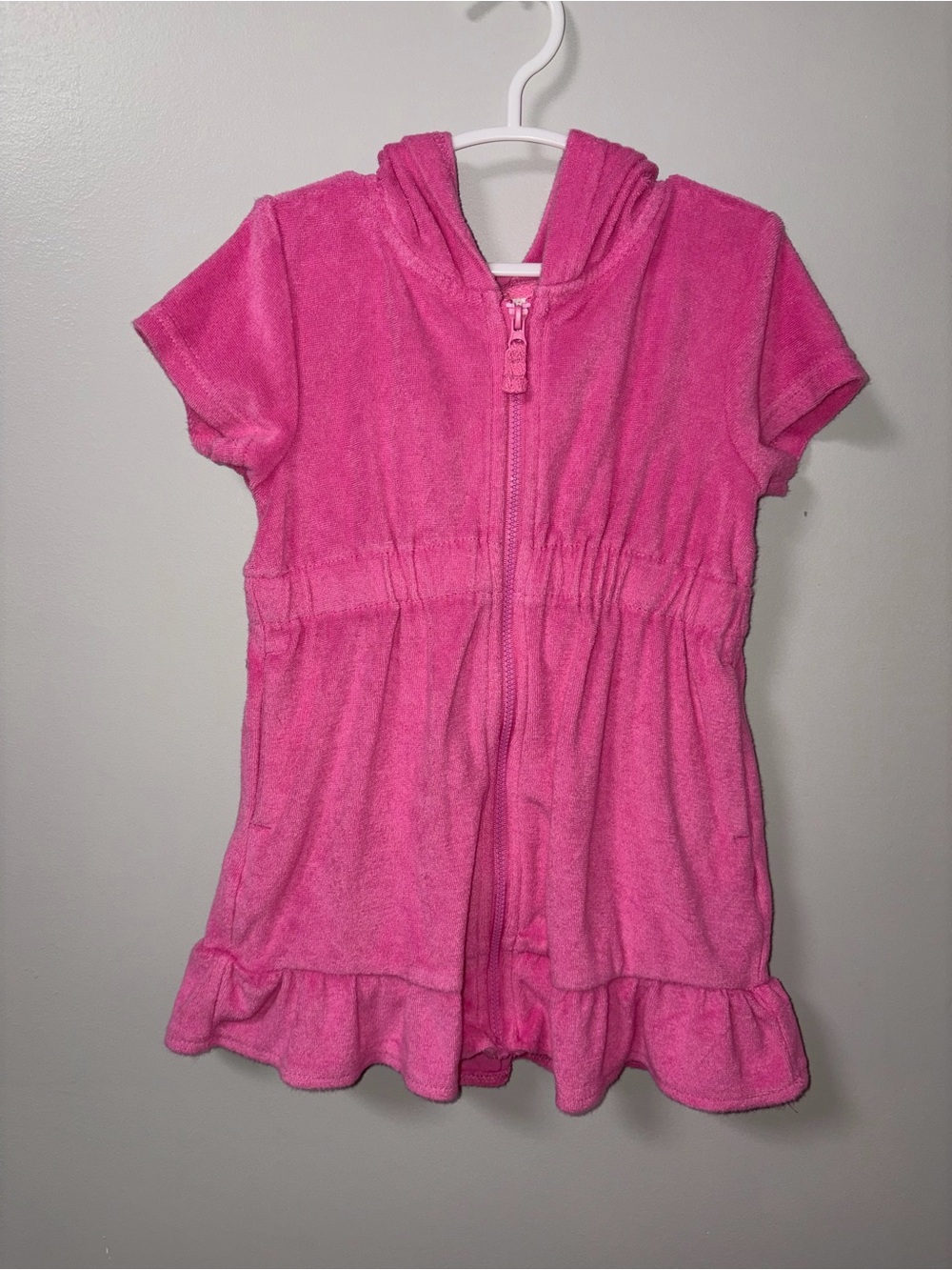 Jumping Beans Hot Pink Hooded Zip Up Ruffle Hem Terry Cloth Swim Cover Up 2T
